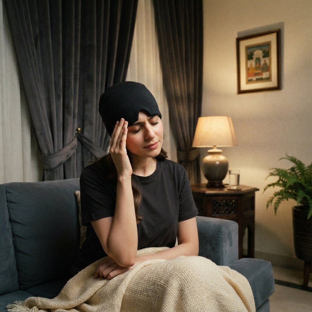 A woman resting on a sofa in a dimly lit room, wearing a black migraine relief cap while holding her temple due to a headache