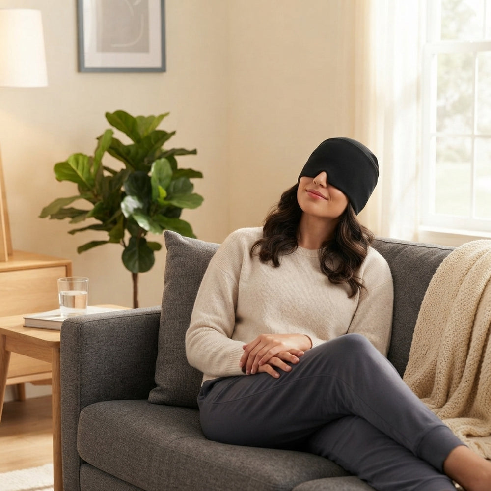 A woman wearing a black gel migraine relief cap while relaxing on a sofa at home, demonstrating the product's comfort and fit